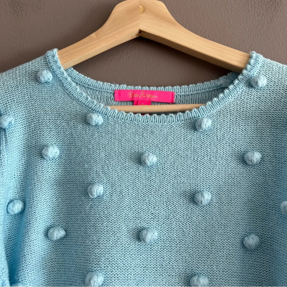 LILLY PULITZER Kippa Pom Pom Sweater Light Blue Sz S Ballon Sleeves Cotton Blend - Picture 5 of 15